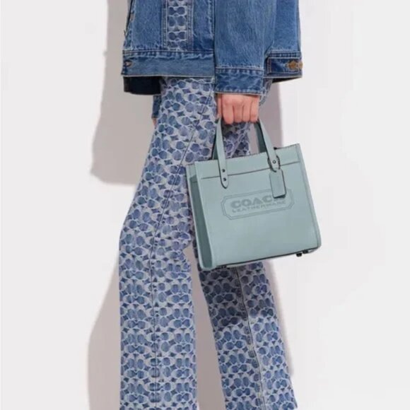 Coach Field Tote 22 In Polish Pebble Leather in  Aqua - Picture 2 of 11